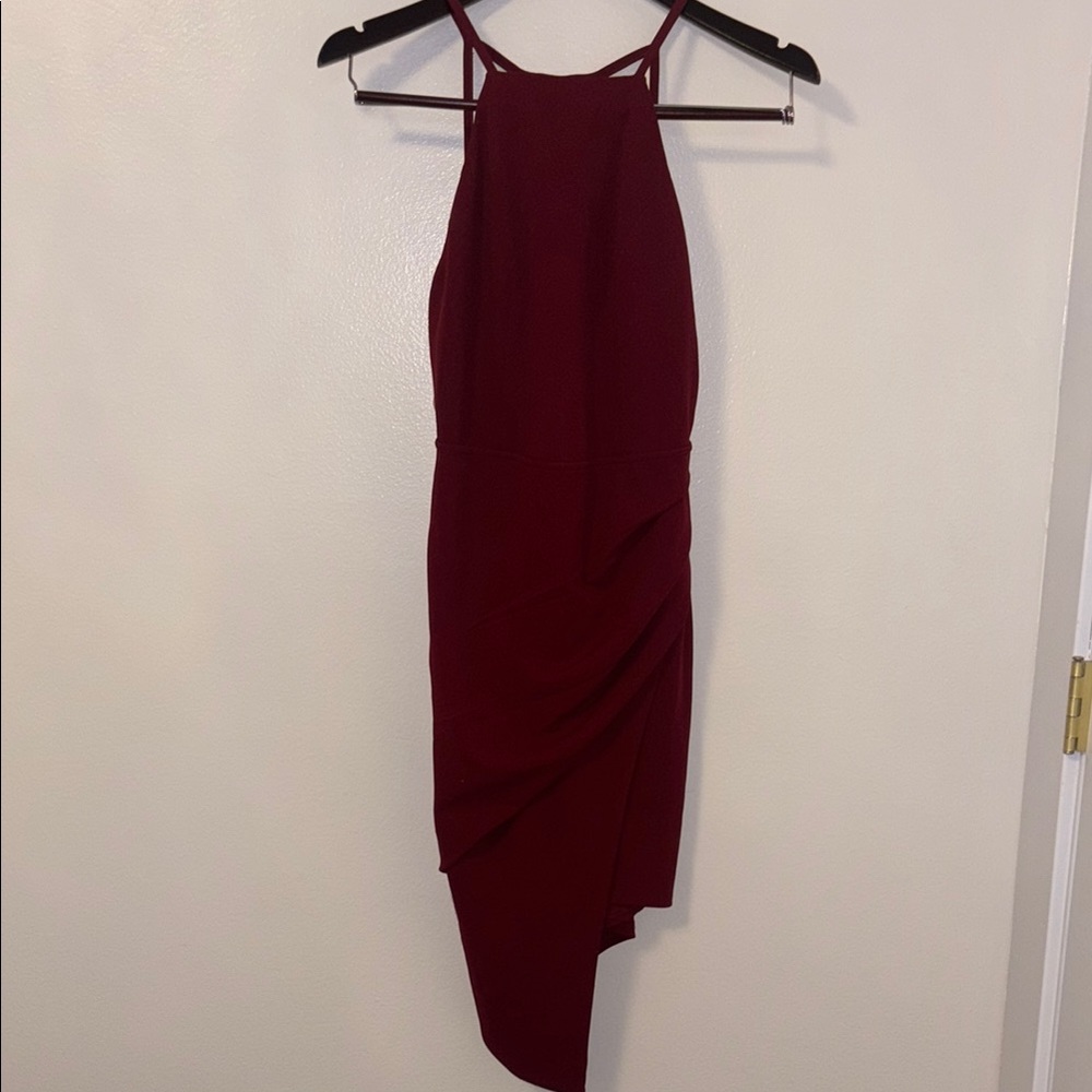 Red Asymmetrical Ribbed Sheath Dress Halter Neckline